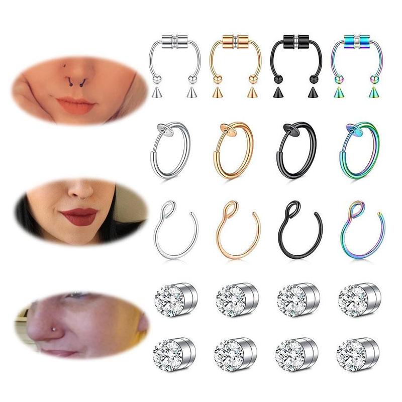 28 Counts set Punk Magnetic Nose Rings Fake Nose Rings Set Fake Nose Ring Hoop Clip On Faux Nose Rings Hoops