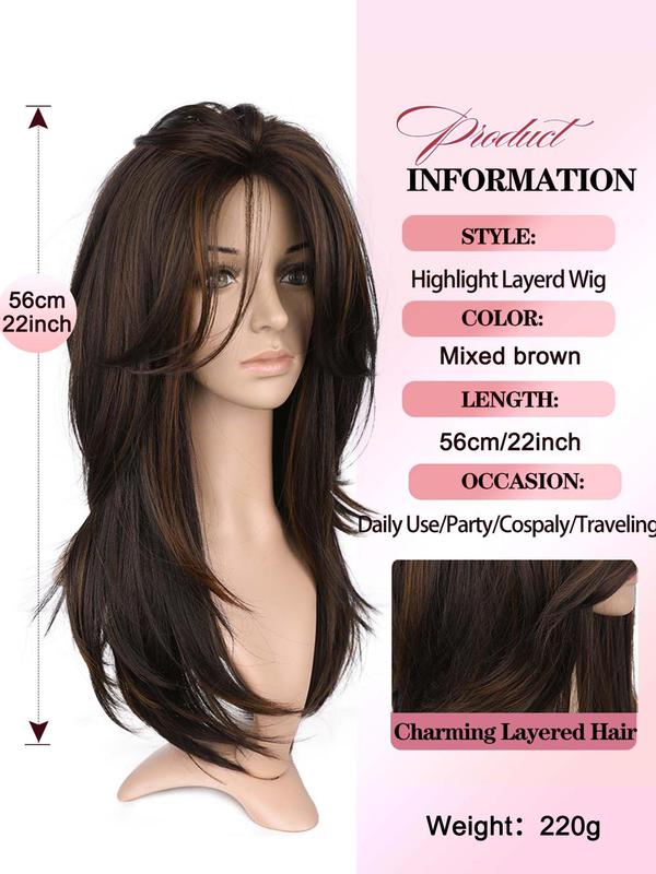 22 Inch Layered Mixed Brown Yaki Straight Synthetic Wig, Kinky Straight Highlight Wig with Layered Bangs, Heat Resistant Fiber Wig for Women