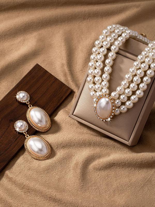 Women's Elegant Faux Pearl & Rhinestone Decorated Necklace & Dangle Earrings, Exquisite Trendy Jewelry Set, Fashionable Jewelry Set for Party Decoration