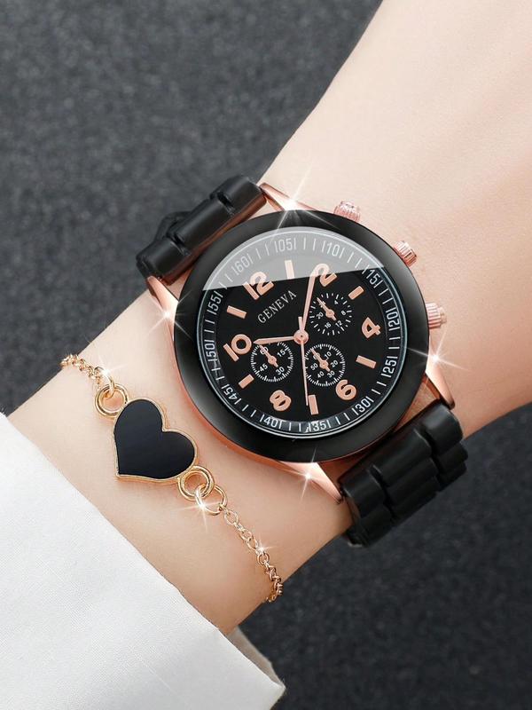 2pcs Women's Fashionable Quartz Watch, and Heart Shape Charm Bracelet Set, Without Box, Trendy All-match & Exquisite Set for Birthday Gift