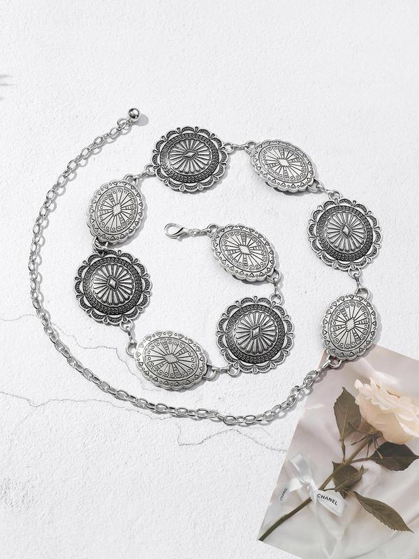 Vintage Round Shaped Embossed Decorated Chain Belts for Women, 2024 Fall Trendy Boho Style Fashion All-match Cool Female Accessories, Back To School Y2k Accessories, Fall Outfits, Fall Freshness, 80s