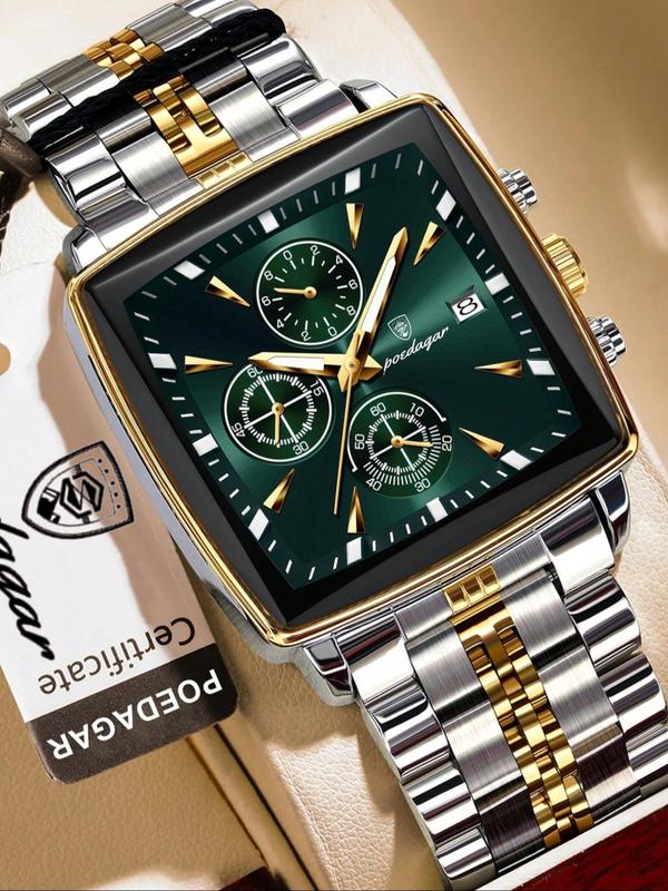 Men's Business Fashion Square Dial Quartz Watch, Casual Trendy Luminous Chronograph Watch, Waterproof Watch with Box for Men As Gift