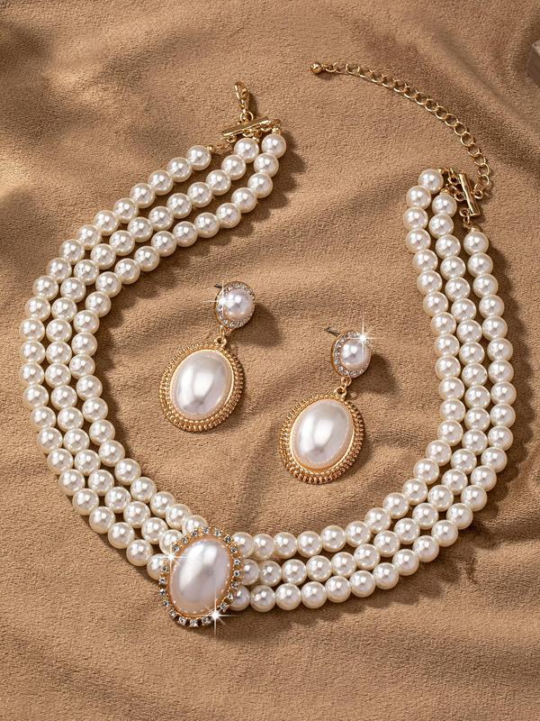 Women's Elegant Faux Pearl & Rhinestone Decorated Necklace & Dangle Earrings, Exquisite Trendy Jewelry Set, Fashionable Jewelry Set for Party Decoration