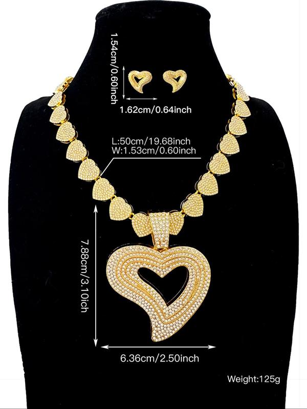 Rhinestone Decorated Heart Shaped Jewelry Set, Including Necklace & Studs Earrings, Fashion Jewelry for Party, Daily Decor, Trendy All-match & Exquisite Jewelry for Birthday Gift