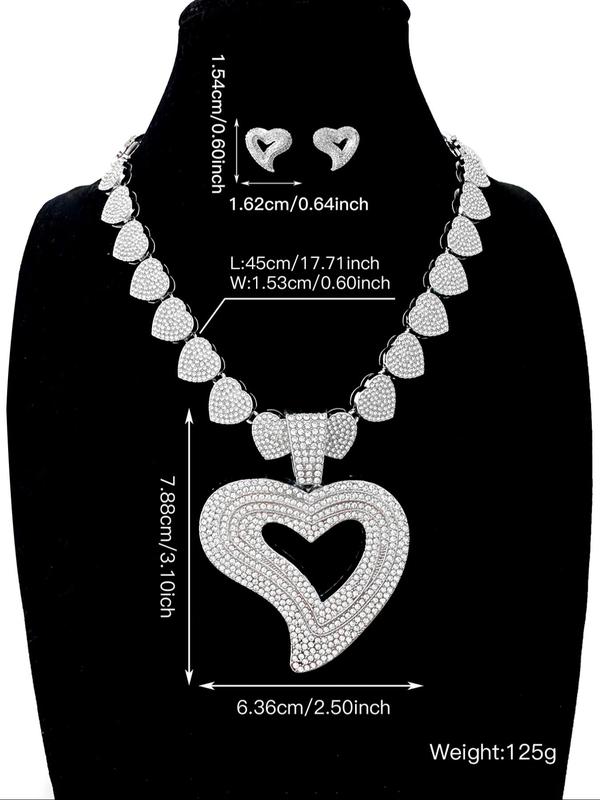 Rhinestone Decorated Heart Shaped Jewelry Set, Including Necklace & Studs Earrings, Fashion Jewelry for Party, Daily Decor, Trendy All-match & Exquisite Jewelry for Birthday Gift