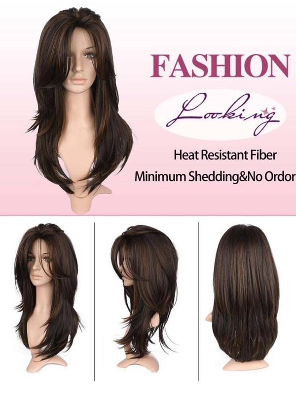 22 Inch Layered Mixed Brown Yaki Straight Synthetic Wig, Kinky Straight Highlight Wig with Layered Bangs, Heat Resistant Fiber Wig for Women