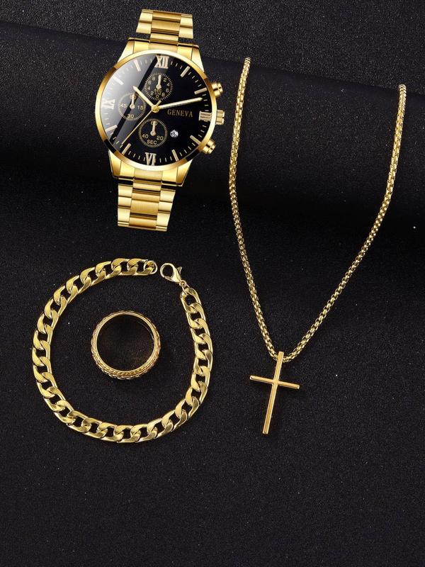 Men's Business Fashion Round Dial Analog Quartz Watch & Cross Pendant Necklace & Ring & Bracelet, Fashion Watch Set for Party, Daily Decor, Trendy All-match & Exquisite Watch Set for Birthday Gift without Box