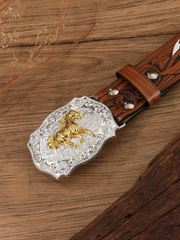 Western Style Animal Horse Buckle Belt, Vintage Feather Pattern Belt for Men & Women, Fashion Belt for Party, Daily Clothing Decor, Trendy All-match & Exquisite Belt for Birthday Gift