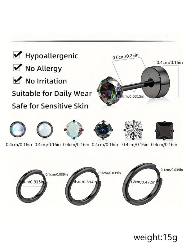 Fashionable Stainless Steel Earrings Set, 9 Pairs Rhinestone Decor Stud Earrings & Hoop Earrings for Women & Men, Trendy All-match & Exquisite Jewellery for Birthday Gift, Fall Outfits, Fall Freshness, Thick Studs