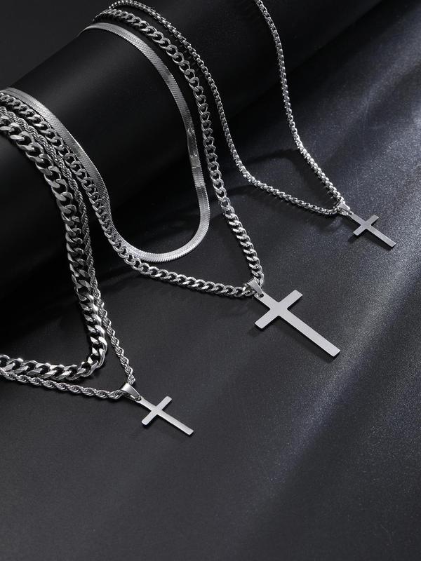 Unisex Casual Twist Cross Pendant Necklace & Chain Necklace, Punk Hip Hop Style Stainless Steel Necklace Set for Party, Daily Clothing Decor for Boy, Jewelry for Men