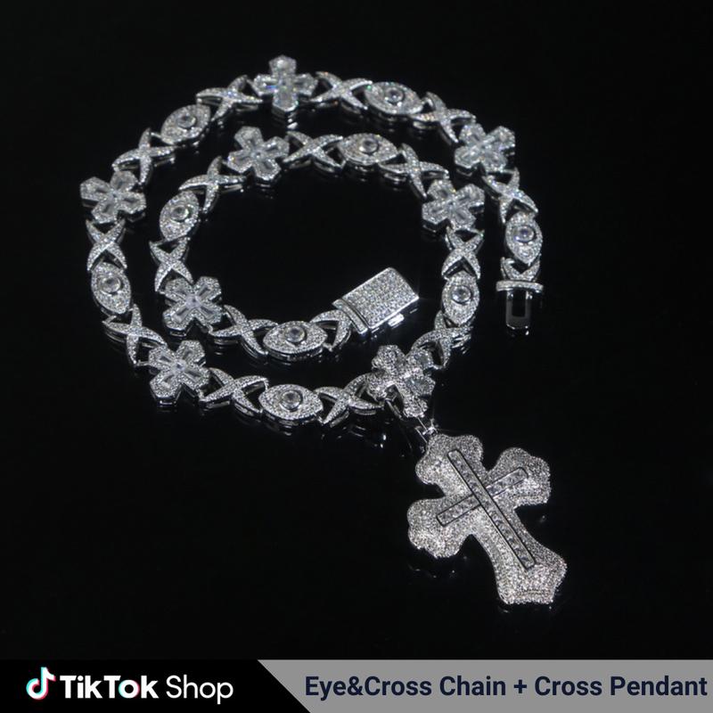 [Jewelry Set 2pcs] CZ Eye Cross Pendant Zirconia Necklace and Pendant Set for Men Women Plated Copper Gift Hip Hop