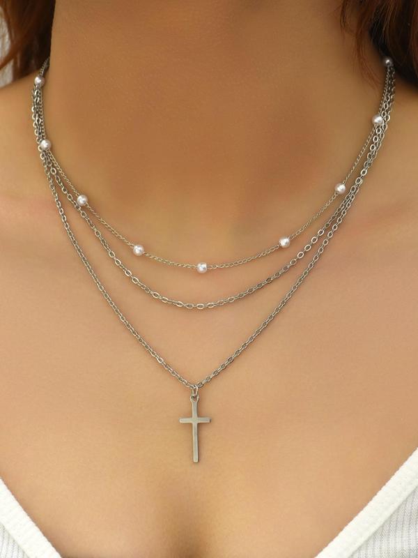 2pcs set Women's Elegant Cross Pendant Necklace, Stainless Steel Chain Necklace, Faux Pearls Decor Layered Necklace, Fashion Accessories for Party, Daily Clothing Decor for Girl