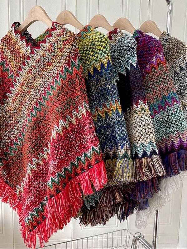 Ethnic Pattern Tassel Trim Design Shawl, Casual Warm Cape Shawl for Fall & Winter, Fashion Accessories for Women