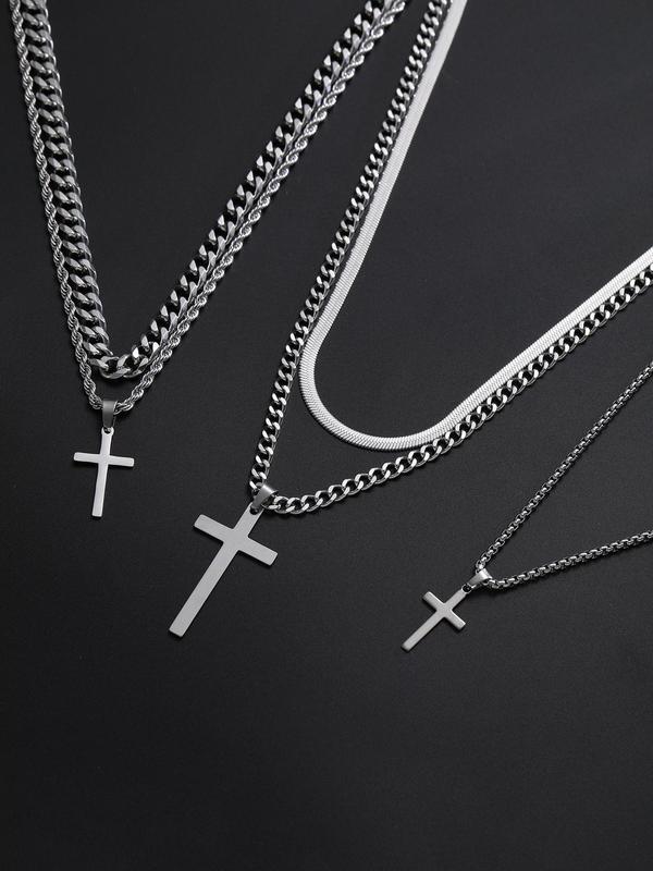 Unisex Casual Twist Cross Pendant Necklace & Chain Necklace, Punk Hip Hop Style Stainless Steel Necklace Set for Party, Daily Clothing Decor for Boy, Jewelry for Men