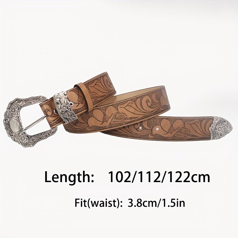 Western Carved Buckle Belts Vintage Flower Embossed Solid Color PU Waistband Classic Jeans Pants Belts For Women