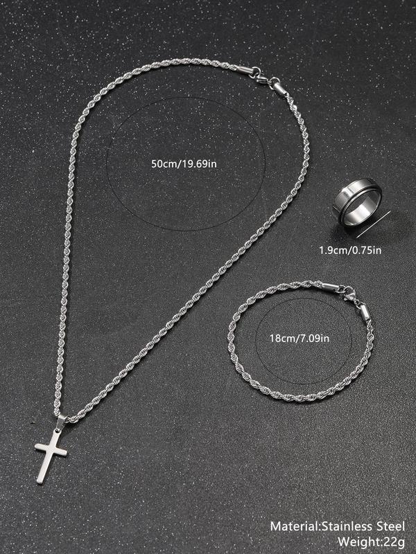 Men's Punk Style Matching Jewelry Set, Cross & Chain Design Pendant Necklace & Bracelet & Ring Back To School, Jewelry Men Accessories for Party & Daily Gift Kit Women, Fall Outfits, Fall Freshness Fall