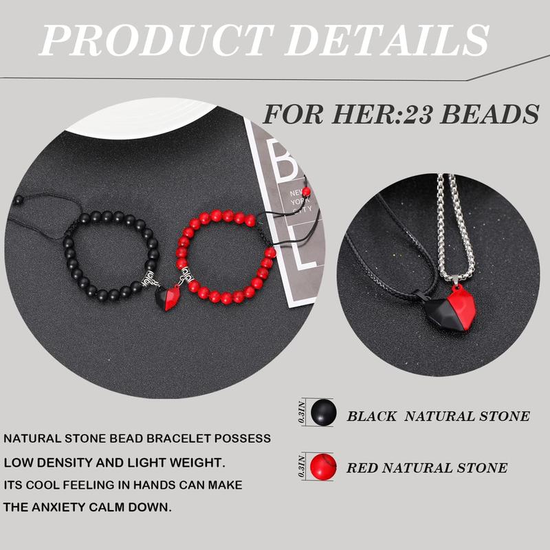 4 count Couples Bracelets Necklace Set for Women Men Matching Bracelets Necklace Couples Heart Necklace Bead Bracelet for Valentine's Day  Stone Bead Couple