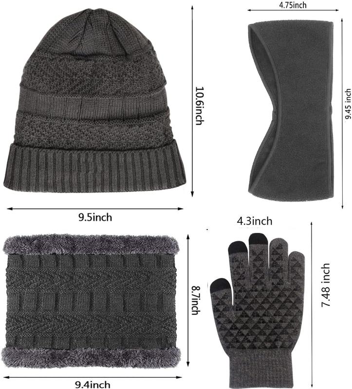 Ski Winter Hat Scarf Gloves Set for Men, Knit Beanie Hat  Warmer Scarf Warmer Touch Screen Gloves and Ear Warmer