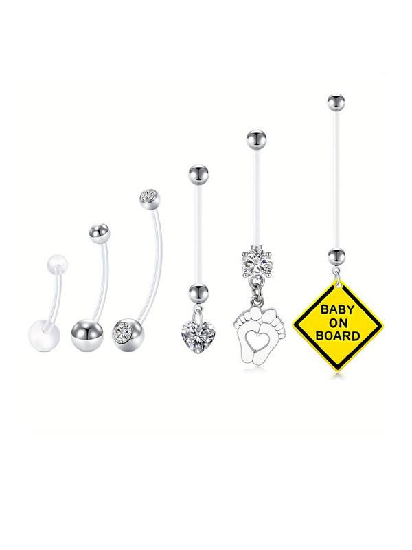 6pcs set Geometric & Heart & Hollow out Foot Design Belly Ring, Rhinestone Decor Belly Piercing Jewelry for Women & Girls, Body Jewelry for Party