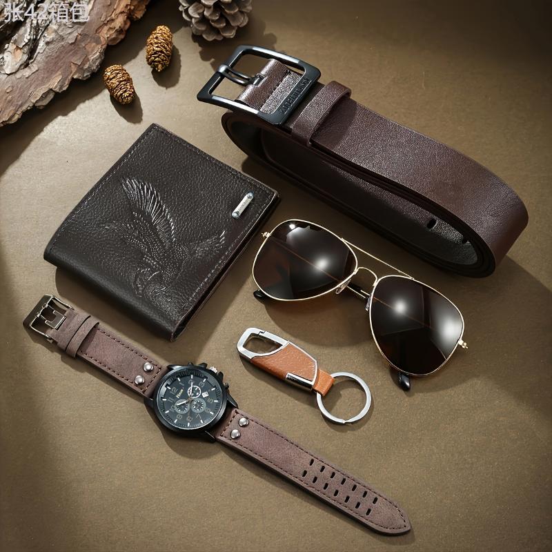 5pcs set Men's Fashion Keychain & Belt & Glasses & Wallet & Watch Gift Box Set -  Perfect Gift for Him - Birthday, Anniversary, Father's Day