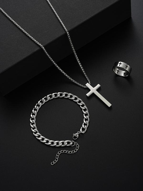 Men's Punk Style Matching Jewelry Set, Cross & Chain Design Pendant Necklace & Bracelet & Ring Back To School, Jewelry Men Accessories for Party & Daily Gift Kit Women, Fall Outfits, Fall Freshness Fall