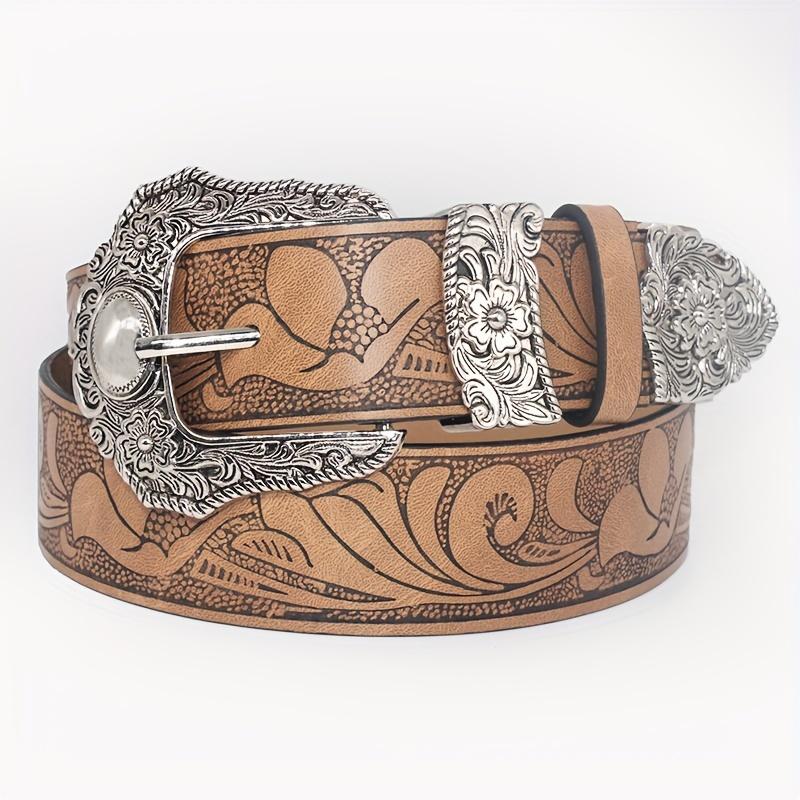 Western Carved Buckle Belts Vintage Flower Embossed Solid Color PU Waistband Classic Jeans Pants Belts For Women