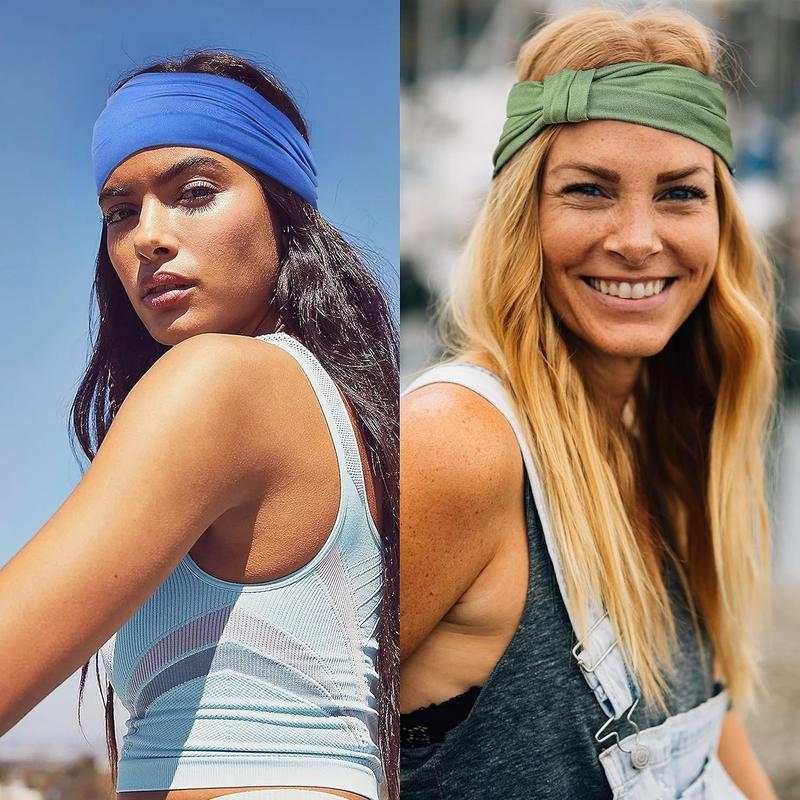 6 Pack Wide Headbands for Women Non Slip Soft Elastic Bands Yoga Running Workout Gym Wraps, Knotted Cotton Cloth Turbans Bandana (with 6 Pcs Ties)