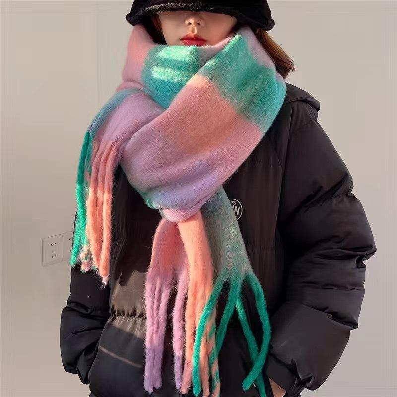 2024 Winter Thick Warm Scarf Women Cashmere Shawl and Wraps Pashmina Neckerchief Bufanda Female Rainbow Hairy Tessel Echarpe New