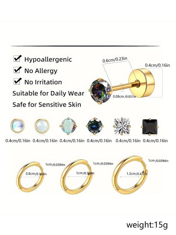 Fashionable Stainless Steel Earrings Set, 9 Pairs Rhinestone Decor Stud Earrings & Hoop Earrings for Women & Men, Trendy All-match & Exquisite Jewellery for Birthday Gift, Fall Outfits, Fall Freshness, Thick Studs