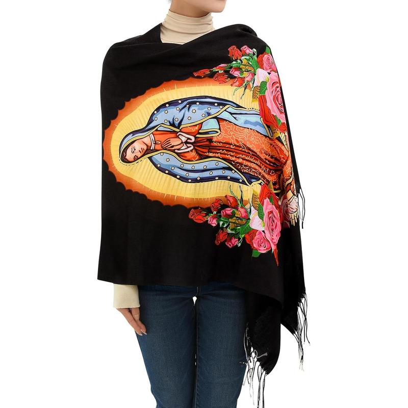 Virgen De Guadalupe Blanket Scarf,Traditional Mexican Dress Prayer Shawl Catholic Gifts for Women,Virgin Mary Hoodie Poncho,Rebozos Vestidos Mexicana Regalos Para Mujer Mamá Abuelita Mi Esposa