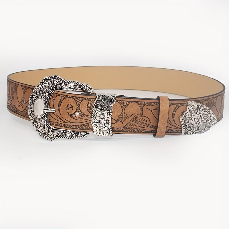 Western Carved Buckle Belts Vintage Flower Embossed Solid Color PU Waistband Classic Jeans Pants Belts For Women