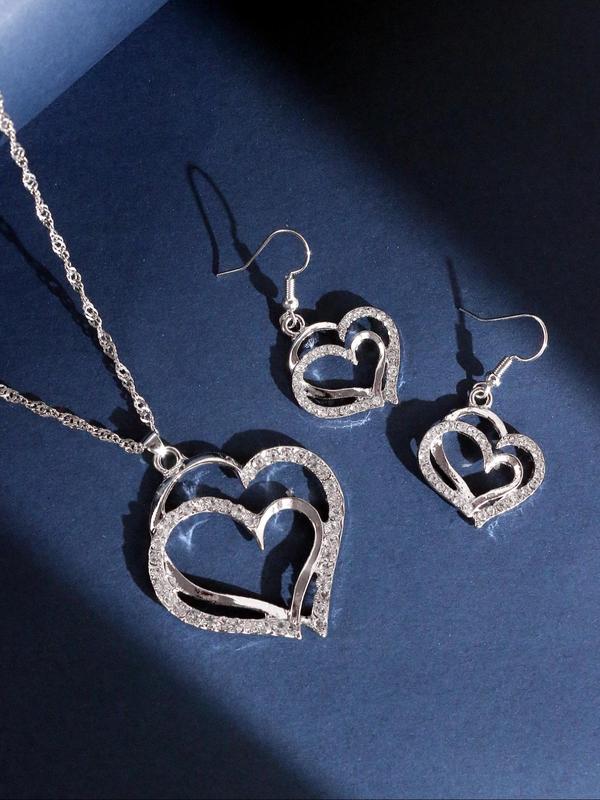 Women's Elegant Rhinestone Decorated Heart Design Jewelry Set, Exquisite Trendy Pendant Necklace & Dangle Earrings, Chic Jewelry Set for Party & Daily Decor