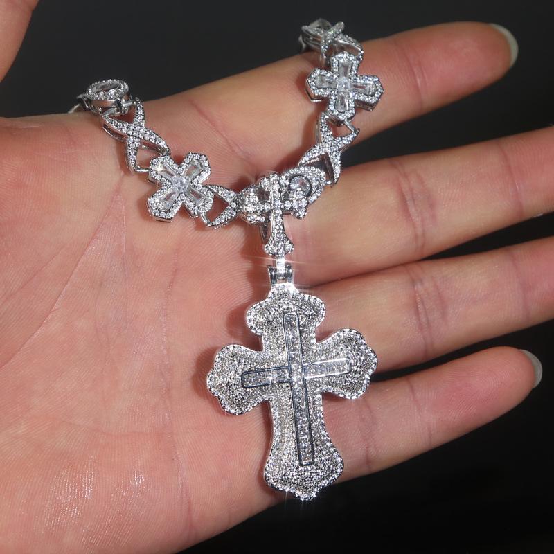 [Jewelry Set 2pcs] CZ Eye Cross Pendant Zirconia Necklace and Pendant Set for Men Women Plated Copper Gift Hip Hop