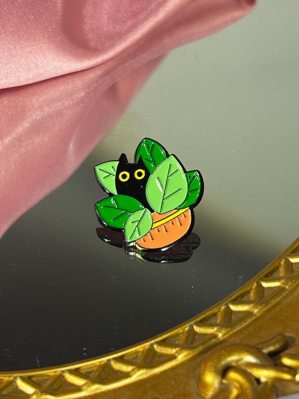 Cute Cartoon Plant & Cat Design Enamel Brooch Pin, Casual Dainty Jewelry For Party, Daily Clothing Decor For Girl