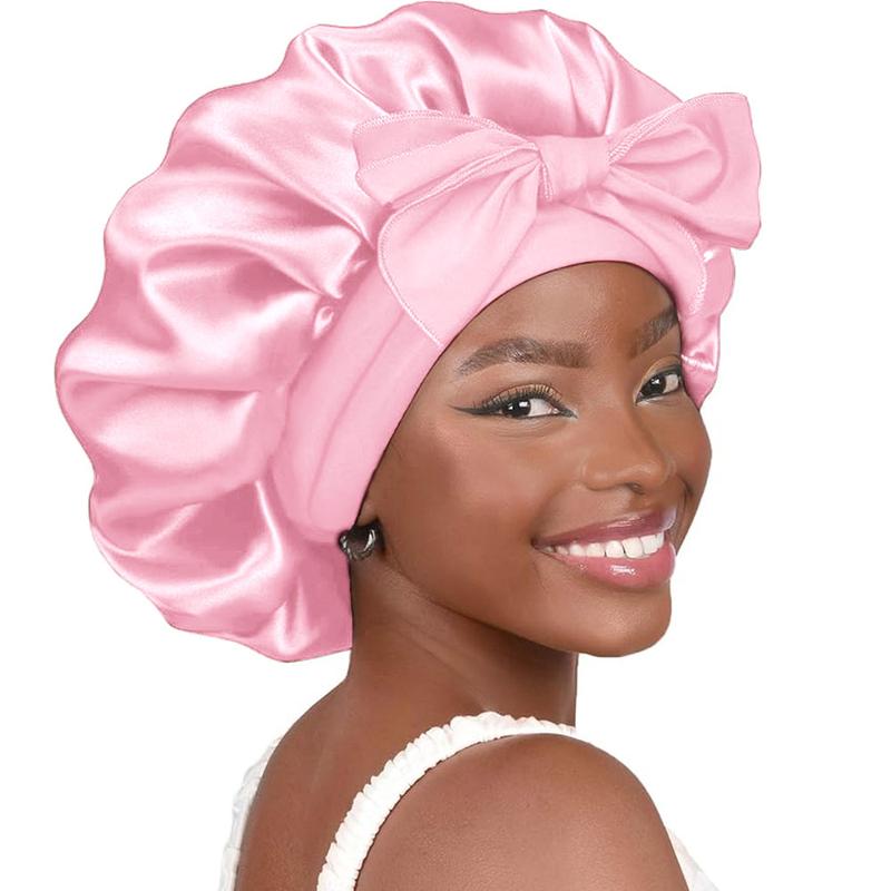 Satin Bonnet Silk Bonnet for Sleeping Double Layer Satin Lined Hair Bonnet with Tie Band for Women Curly Hair silver  bonnet