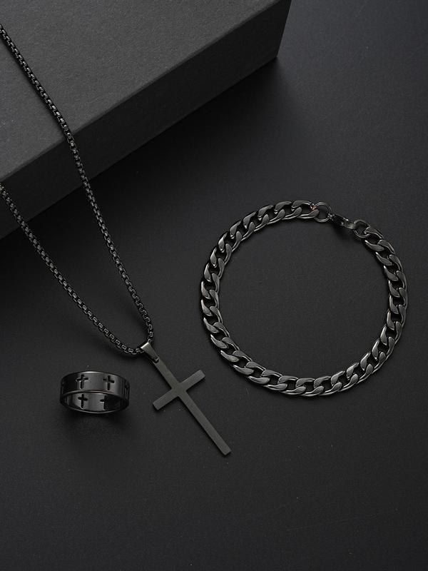 Men's Punk Style Matching Jewelry Set, Cross & Chain Design Pendant Necklace & Bracelet & Ring Back To School, Jewelry Men Accessories for Party & Daily Gift Kit Women, Fall Outfits, Fall Freshness Fall