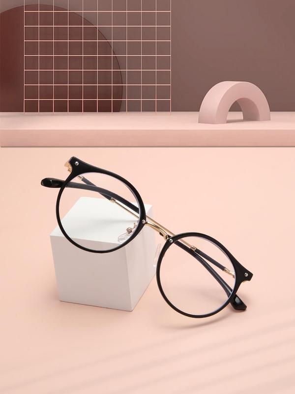 1 Pair Simple Rivet Decor Eyeglasses for Everyday Use, Summer Round Frame Fashion Eyewear, Travel Accessories