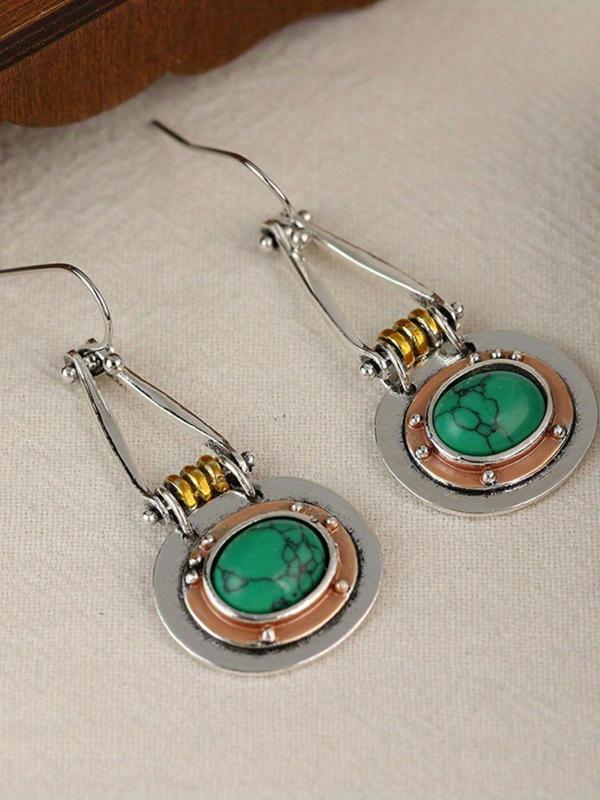 Vintage Oval Turquoise Decor Dangle Earrings, Zinc Alloy Jewelry, Trendy Female Gifts for Party