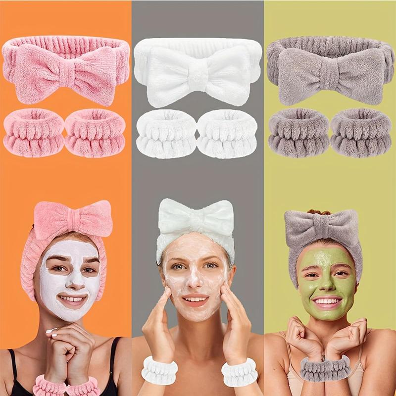 Spa Headband and Wristband Set with Makeup Headband, Wrist Towels for Face Washing, Fuzzy Bow Headbands Soft Facial Head Bands for Shower, Skincare, Hair Care, and Party Supplies