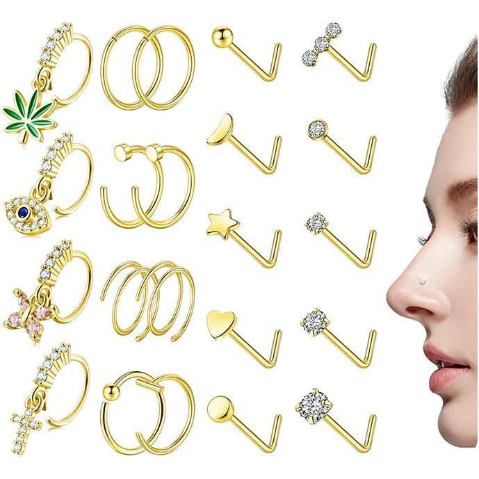 22 Gold Filled Dangle Nose Ring Hoops 316L Surgical Steel Nose Rings Hypoallergenic Nose Piercing Jewelry for Women Men