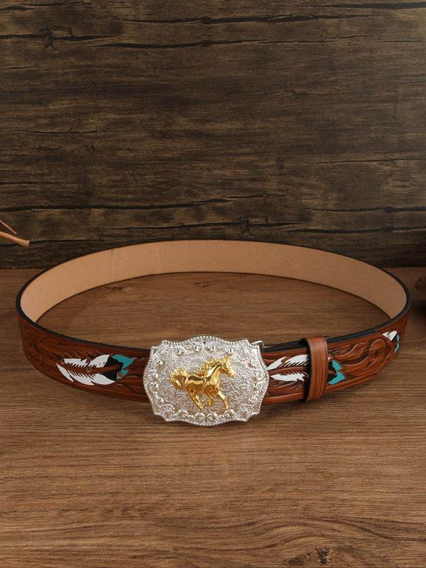 Western Style Animal Horse Buckle Belt, Vintage Feather Pattern Belt for Men & Women, Fashion Belt for Party, Daily Clothing Decor, Trendy All-match & Exquisite Belt for Birthday Gift