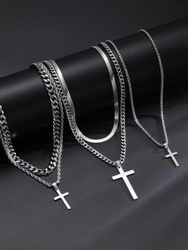 Unisex Casual Twist Cross Pendant Necklace & Chain Necklace, Punk Hip Hop Style Stainless Steel Necklace Set for Party, Daily Clothing Decor for Boy, Jewelry for Men