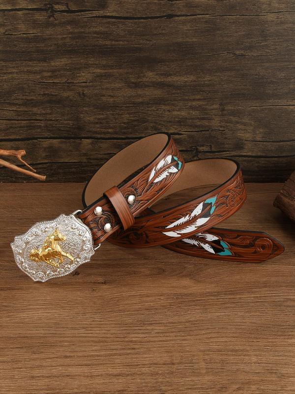 Western Style Animal Horse Buckle Belt, Vintage Feather Pattern Belt for Men & Women, Fashion Belt for Party, Daily Clothing Decor, Trendy All-match & Exquisite Belt for Birthday Gift