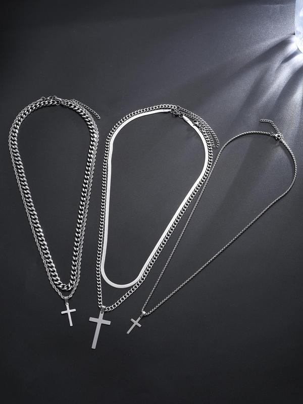 Unisex Casual Twist Cross Pendant Necklace & Chain Necklace, Punk Hip Hop Style Stainless Steel Necklace Set for Party, Daily Clothing Decor for Boy, Jewelry for Men