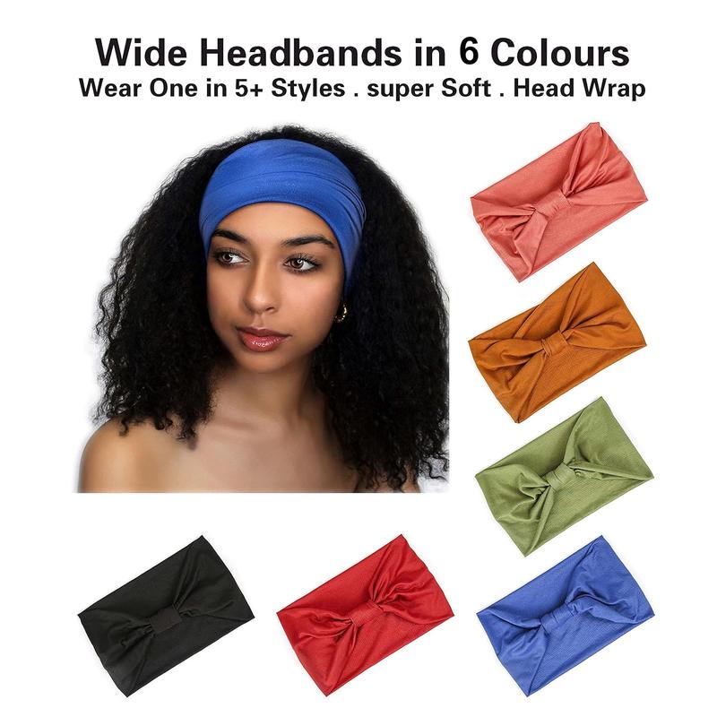 6 Pack Wide Headbands for Women Non Slip Soft Elastic Bands Yoga Running Workout Gym Wraps, Knotted Cotton Cloth Turbans Bandana (with 6 Pcs Ties)