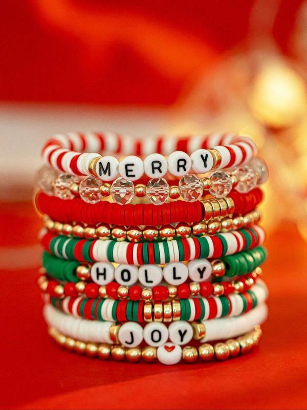 Christmas Themed Beaded Bracelet, Fashionable Letter Decor Beaded Bracelet for Women & Girls, Casual Trendy Accessories for Party and Daily Life