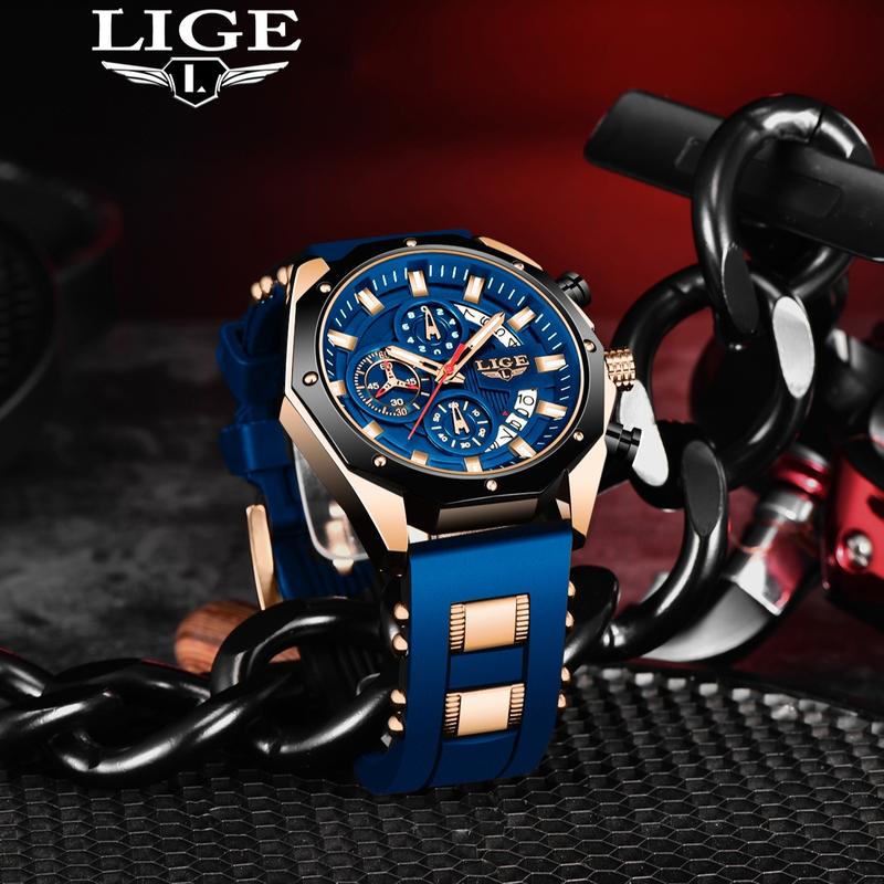 LIGE outdoor men's durable sport stylish quartz watch with calendar and running secounds