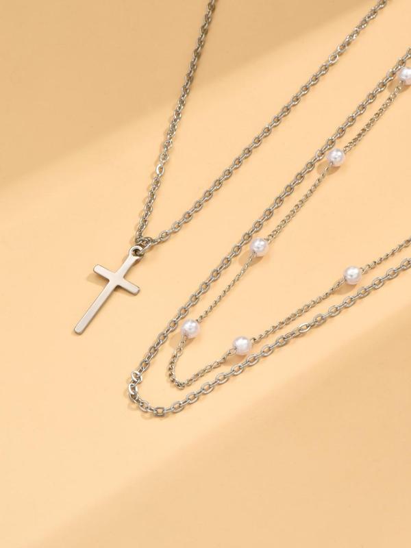 2pcs set Women's Elegant Cross Pendant Necklace, Stainless Steel Chain Necklace, Faux Pearls Decor Layered Necklace, Fashion Accessories for Party, Daily Clothing Decor for Girl