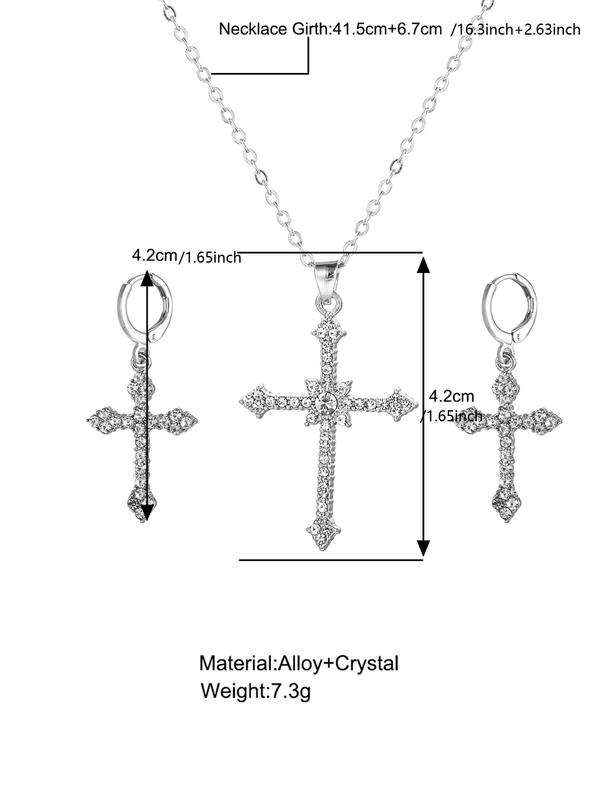 3pcs set Rhinestone Cross Pendant Necklace & Dangle Earrings, Elegant Jewelry Set For Party, Daily Clothing Decor For Girl