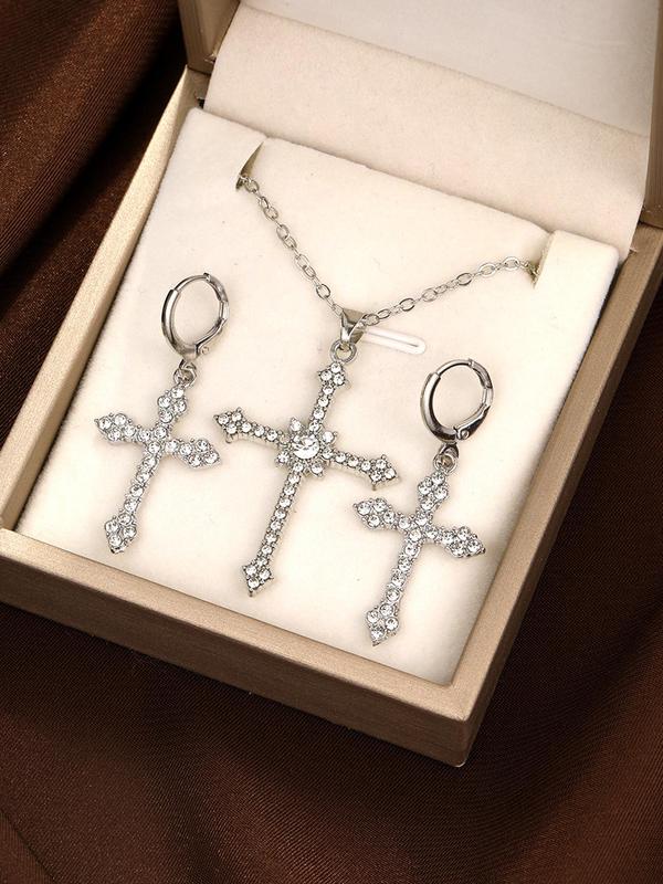 3pcs set Rhinestone Cross Pendant Necklace & Dangle Earrings, Elegant Jewelry Set For Party, Daily Clothing Decor For Girl